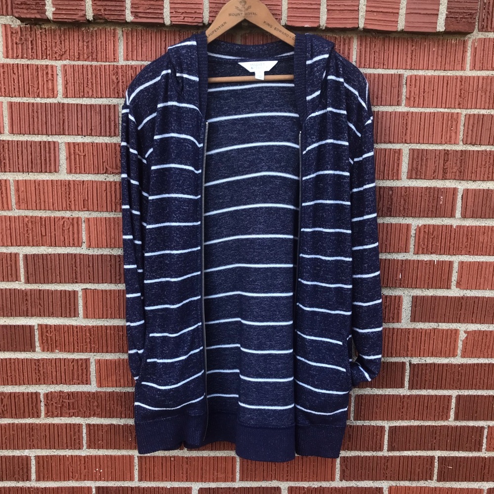 Market Spruce womens XXL Blue White Striped sweater full zip hoodie pockets